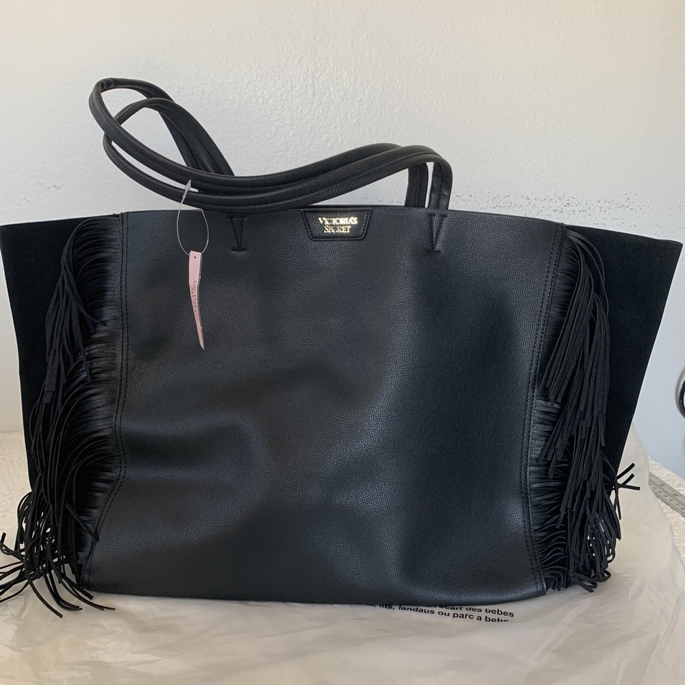NEW VICTORIA'S SECRET BLACK FRINGE TOTE HANDBAG BEACH BAG PURSE LARGE SPORT GYM